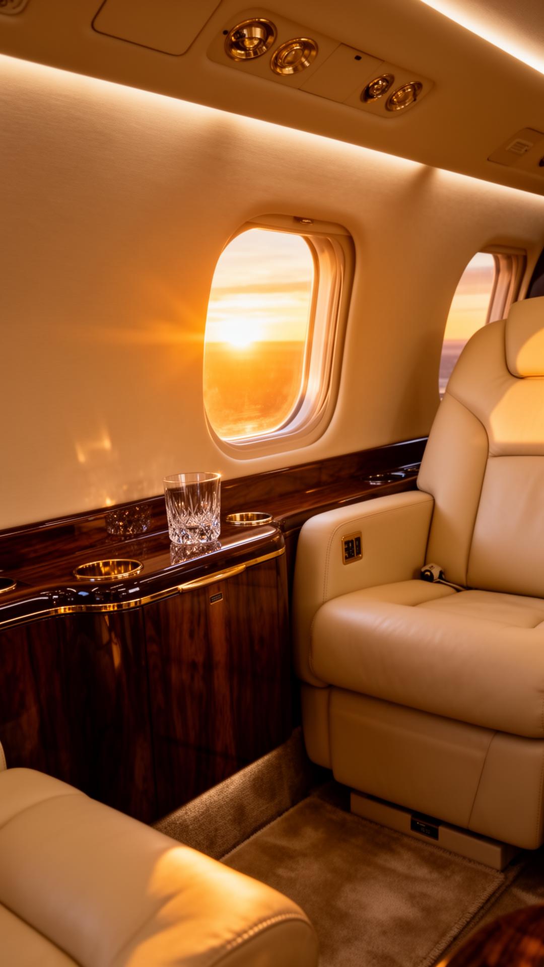 Private aviation cabin at sunset